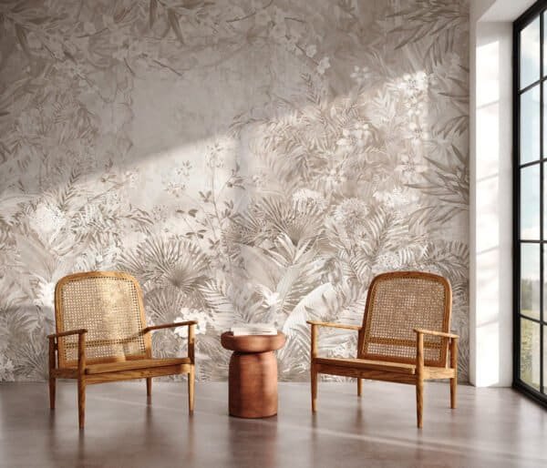 Mural ilustrado con hojas tropicales en tonos beige en living - Alchemyst
