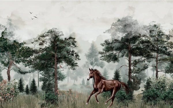 Mural ilustrado de bosque brumoso con caballo en verde - Alchemyst