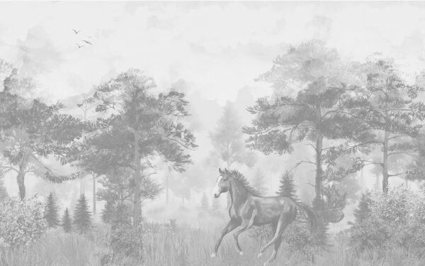 Mural ilustrado de bosque brumoso con caballo en gris - Alchemyst