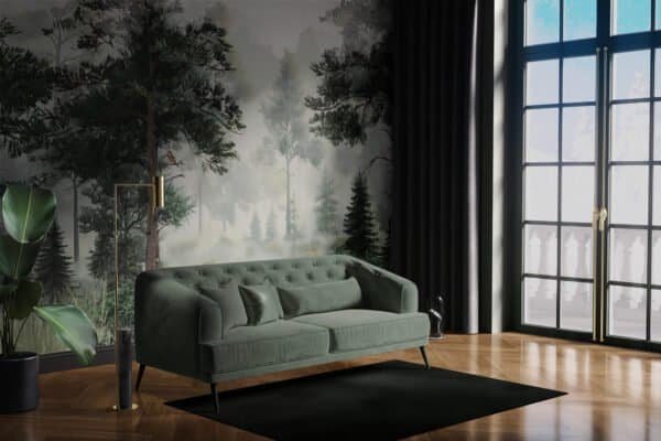 Mural ilustrado de bosque brumoso con caballo en verde oscuro - Alchemyst