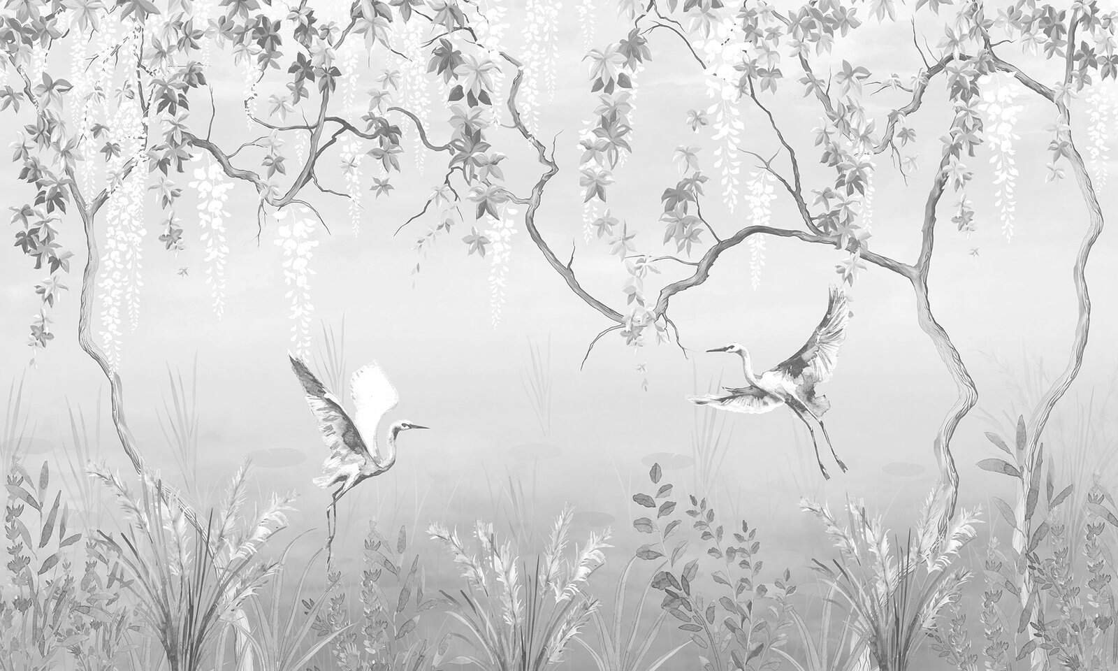 veil of reeds V4 web Mural chinesco de grullas y ramas floridas en gris - Alchemyst