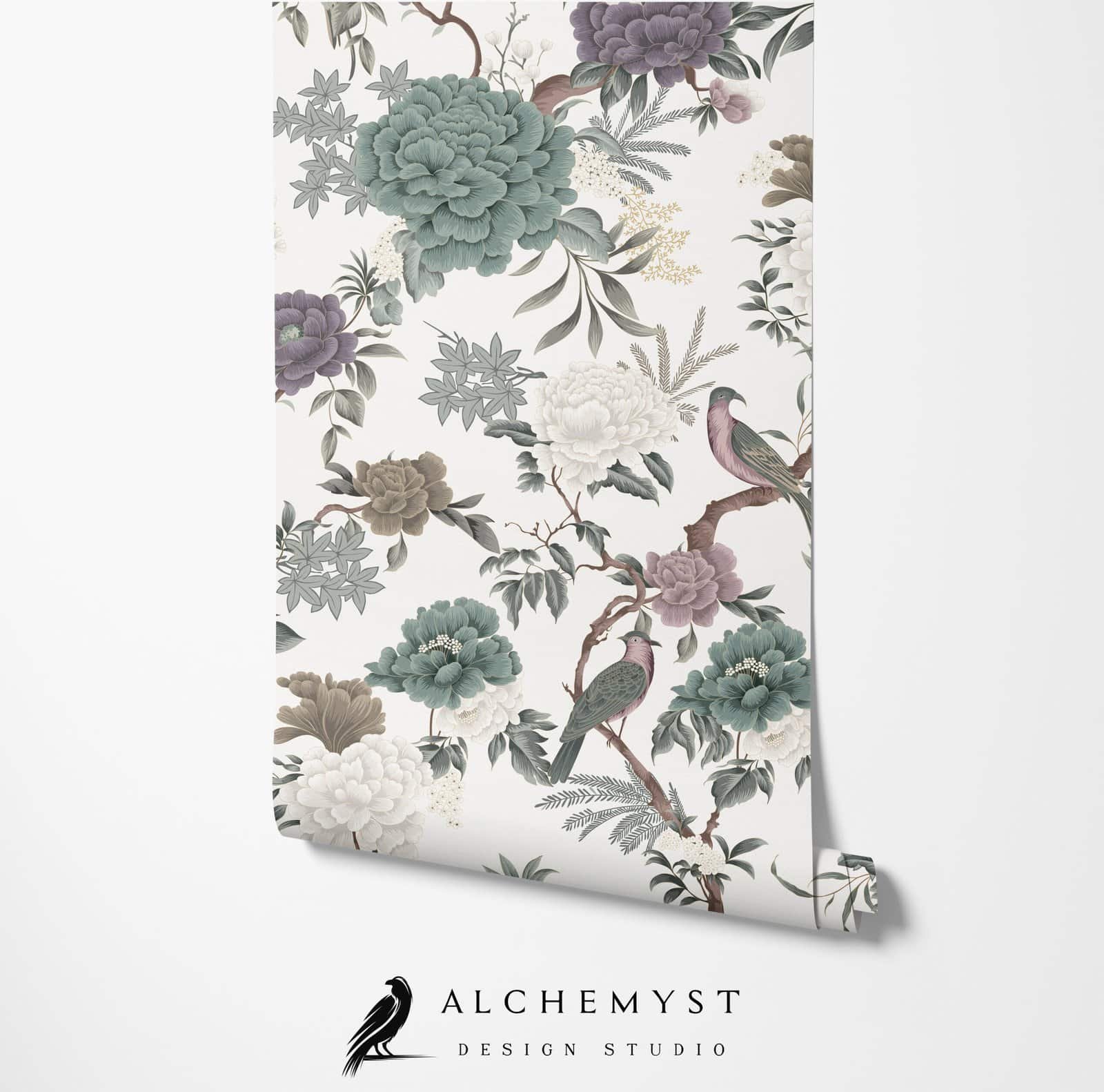 AMIRA 1 ROLLO Papel tapiz en rollo de estilo chinoiserie con aves y flores en tono beige - Alchemyst