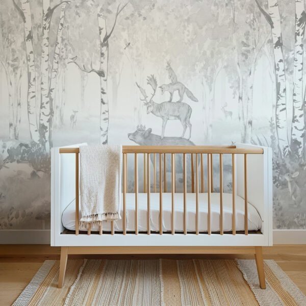Mural infantil de un bosque con oso y ciervo en tono gris - Alchemyst