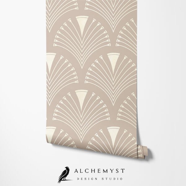 Papel tapiz en rollo con patrón geométrico art déco en tono beige - Alchemyst