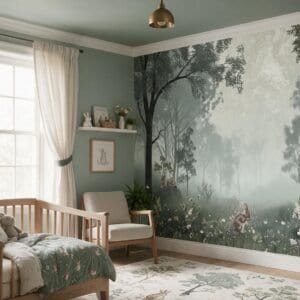 Mural infantil con conejos y árboles en tonos verdes y blancos.