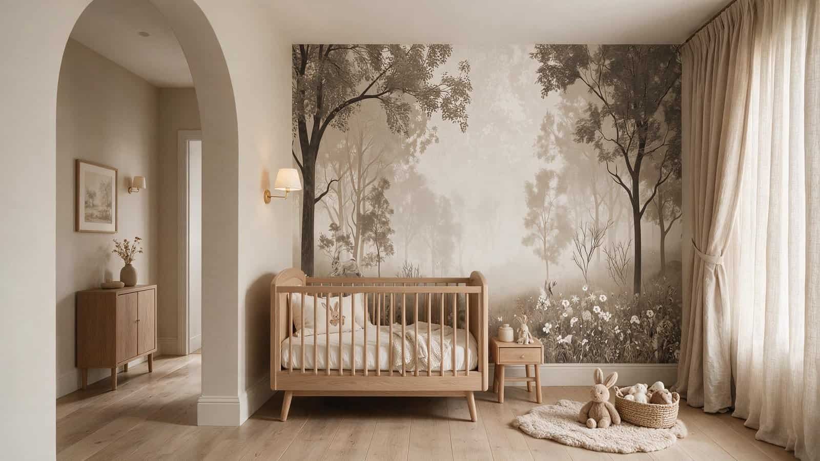 BUNNY SEPIA 2 AMB 2 Mural ilustrado infantil de bosque con conejos y flores en tonos sepia en pasillo - Alchemyst