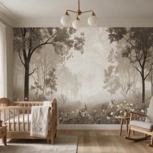 Mural ilustrado infantil de bosque con conejos y flores en tonos sepia en cuarto de bebé - Alchemyst