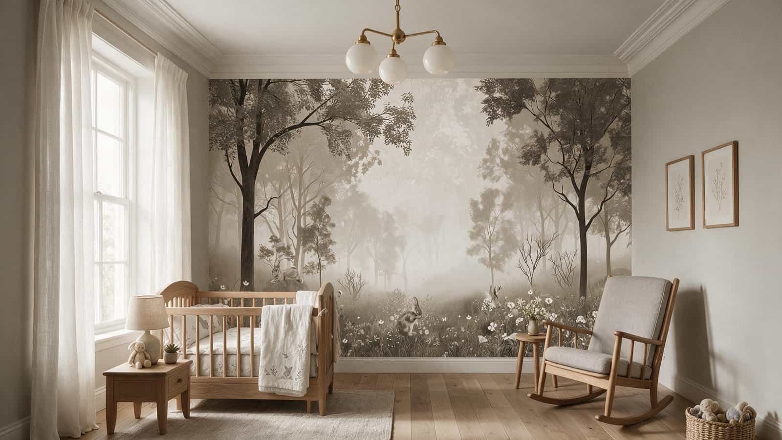 BUNNY SEPIA 2 AMB Mural ilustrado infantil de bosque con conejos y flores en tonos sepia en cuarto de bebé - Alchemyst