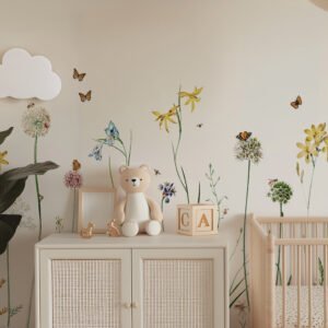Mural infantil de flores y mariposas en tono pastel - Alchemyst