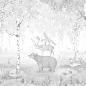 Mural infantil de un bosque con oso y ciervo en tono gris - Alchemyst