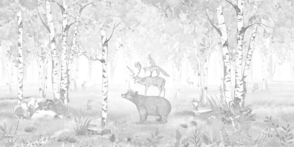 Mural infantil de un bosque con oso y ciervo en tono gris - Alchemyst