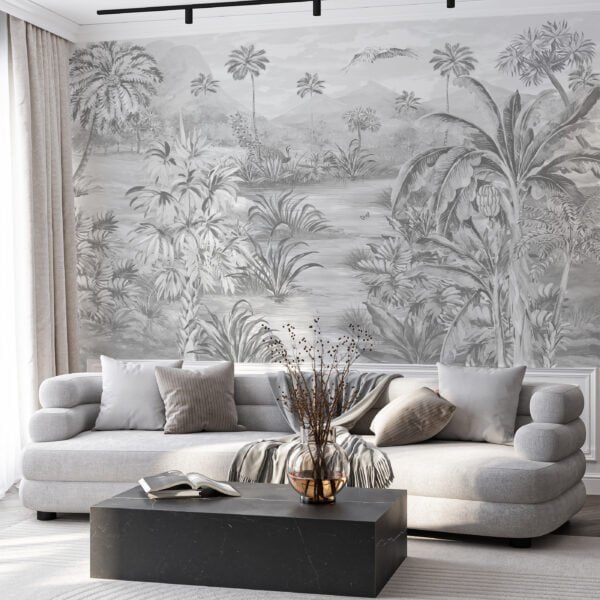 Mural ilustrado de un paisaje rural con palmeras en tono gris - Alchemyst