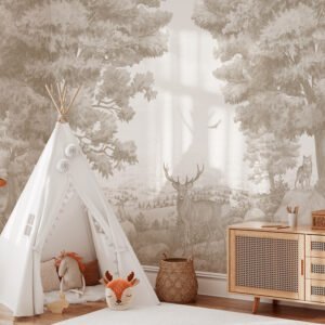 Mural infantil de un bosque con ciervo en tono beige - Alchemyst