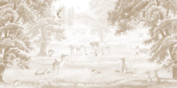 Mural infantil de un bosque con ciervo en tono sepia - Alchemyst