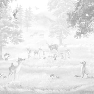 Mural infantil de un bosque con ciervo en tono gris - Alchemyst