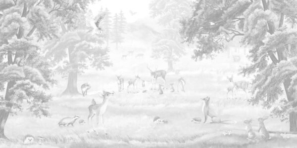 Mural infantil de un bosque con ciervo en tono gris - Alchemyst