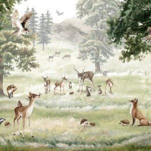 Mural infantil de un bosque con ciervo en tono verde - Alchemyst