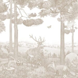 Mural infantil de un bosque de pinos con ciervo en tono beige - Alchemyst