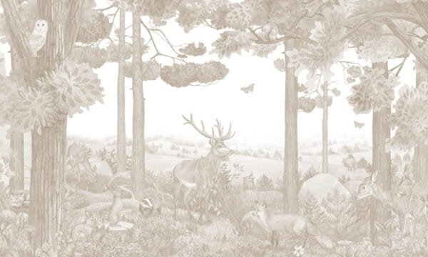 Mural infantil de un bosque de pinos con ciervo en tono beige - Alchemyst
