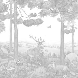 Mural infantil de un bosque de pinos con ciervo en tono sepia - Alchemyst