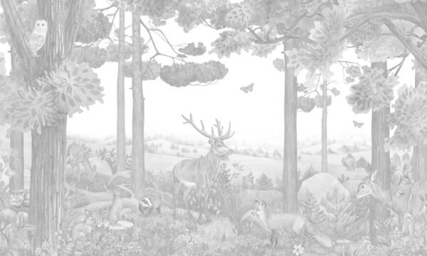 Mural infantil de un bosque de pinos con ciervo en tono sepia - Alchemyst