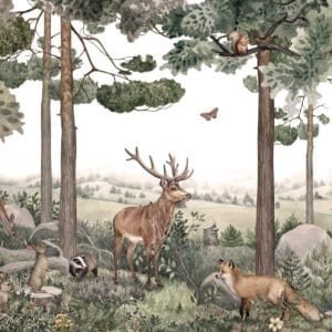 Mural infantil de un bosque de pinos con ciervo en tono verde - Alchemyst