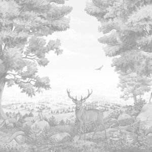 Mural infantil de un bosque con ciervo en tono gris - Alchemyst