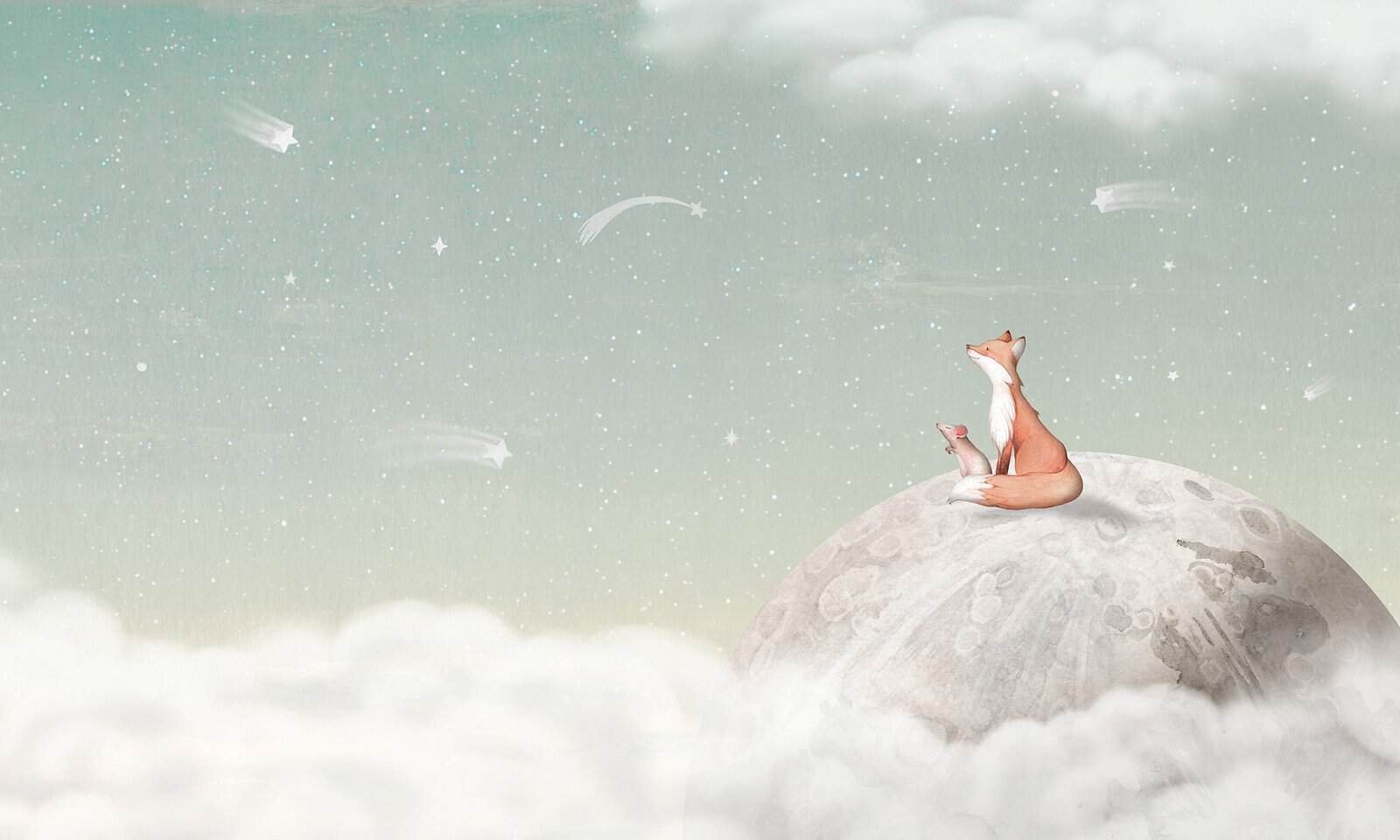 Fox on the Moon - verde CAT Mural infantil de un zorro en la luna en tono verde - Alchemyst