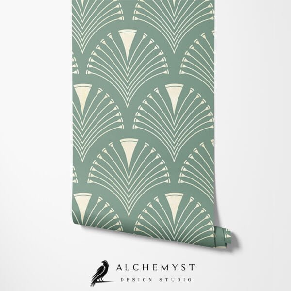 Papel tapiz en rollo con patrón geométrico art déco en tono verde salvia - Alchemyst