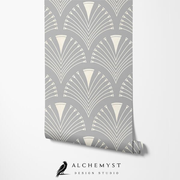 Papel tapiz en rollo con patrón geométrico art déco en tono gris - Alchemyst