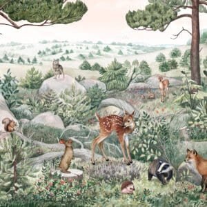 Mural infantil de un pueblo en colinas en tono verde - Alchemyst