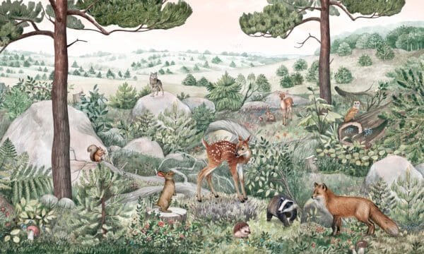 Mural infantil de un pueblo en colinas en tono verde - Alchemyst