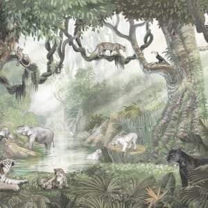 Mural infantil de una selva con gatos salvajes en tono verde - Alchemyst