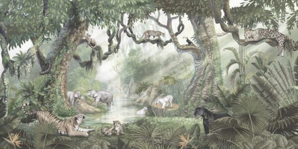 Mural infantil de una selva con gatos salvajes en tono verde - Alchemyst