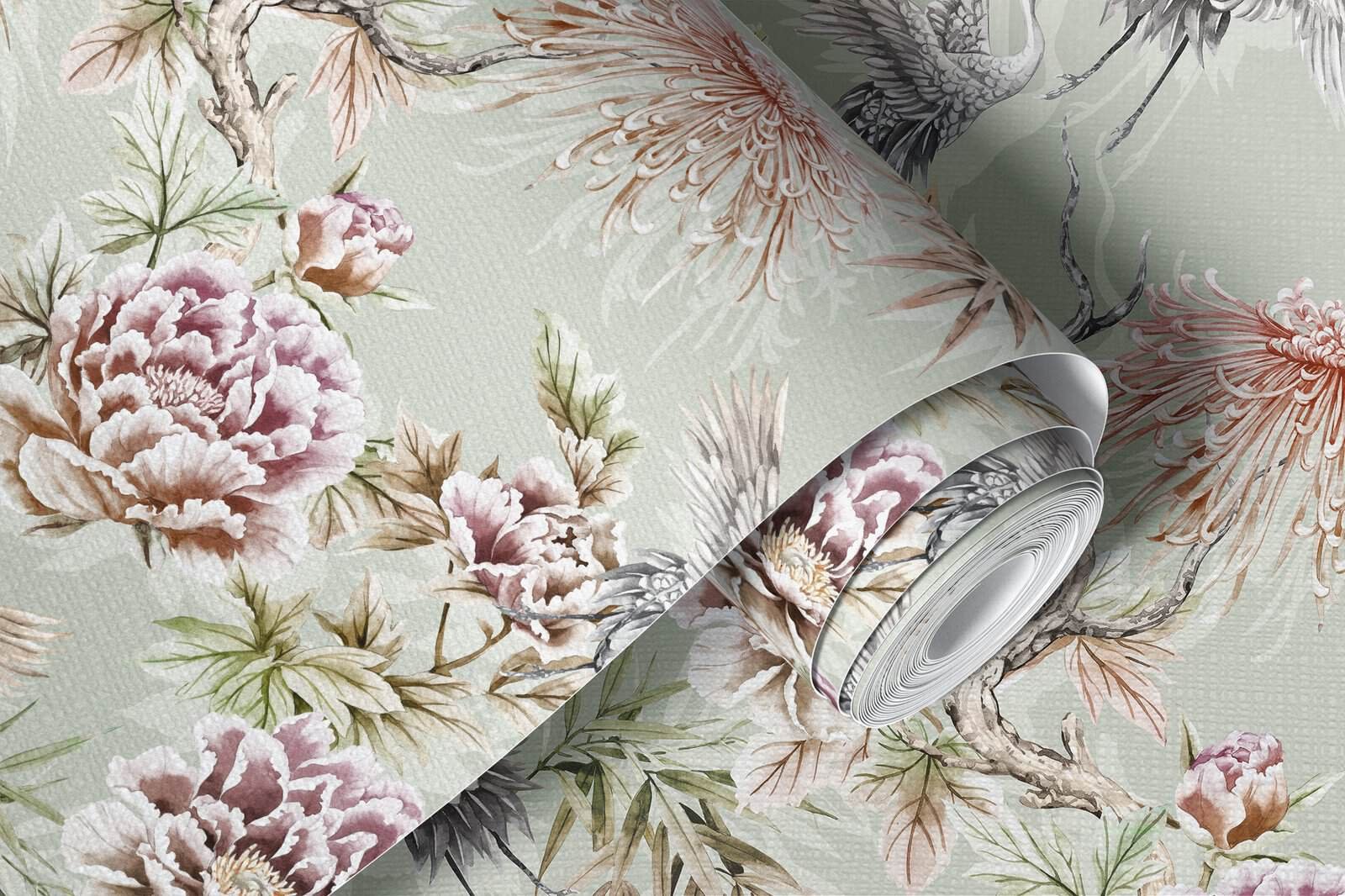 SENDAI ROLLO 02 Papel tapiz con patrón floral en tono verde claro - Alchemyst