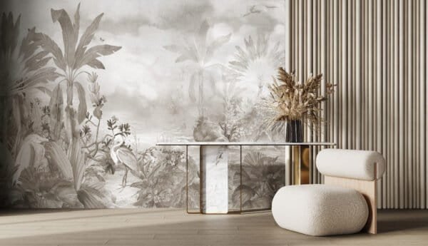 Mural ilustrado de una escena tropical con aves en tono blanco - Alchemyst
