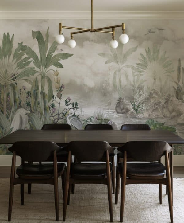 Mural ilustrado de una escena tropical con aves en tono verde - Alchemyst