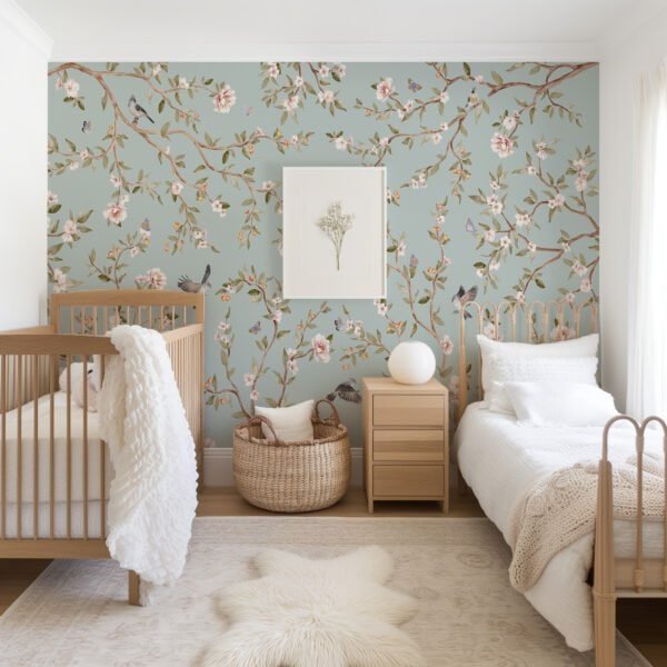 Papel tapiz con patrón de rosas y aves en tono verde claro en habitación infantil - Alchemyst