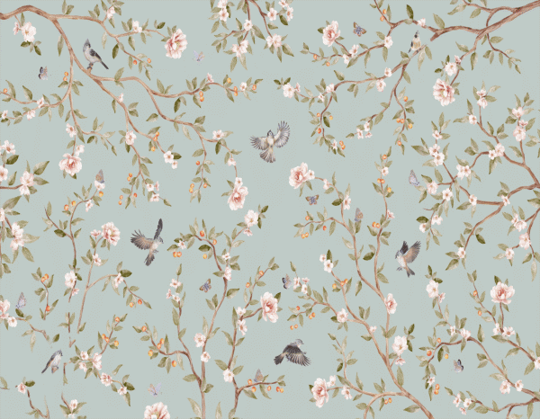 Papel tapiz con patrón de rosas y aves en tono verde claro - Alchemyst