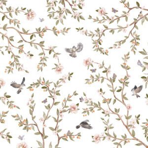 Papel tapiz con patrón de rosas y mariposas en tono blanco - Alchemyst