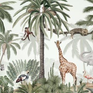 Mural infantil de una selva con animales en tono verde - Alchemyst