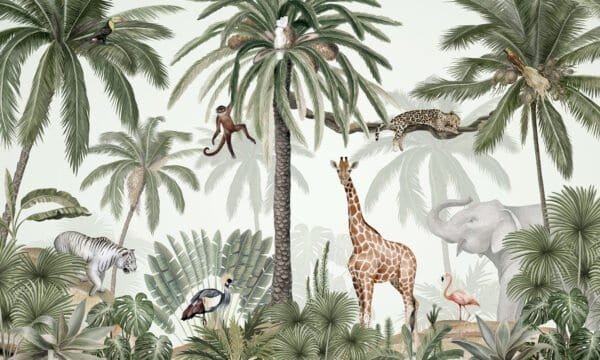 Mural infantil de una selva con animales en tono verde - Alchemyst