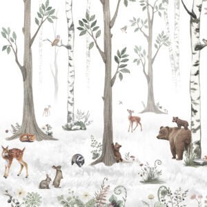 Mural infantil de bosque con animales sobre fondo blanco - Alchemyst