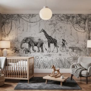 Murales en tonos grises con animales en estilo ilustración en pared de habitación infantil.