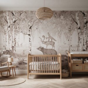 Mural ilustrado infantil de bosque en sepia con animales apilados en cuarto de bebé - Alchemyst