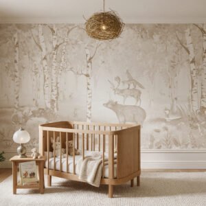 Murales con motivo de ciervo en sepia en habitación infantil.