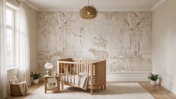 Murales con motivo de ciervo en sepia en habitación infantil.