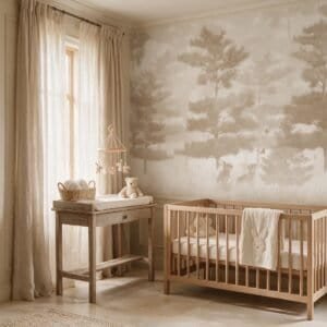 Mural ilustrado infantil de bosque de pinos con conejos en tonos beige en cuarto de bebé - Alchemyst