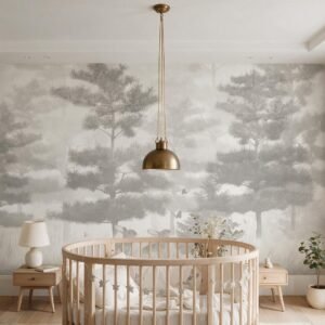 Mural ilustrado infantil de bosque de pinos en tonos grises en cuarto de bebé - Alchemyst