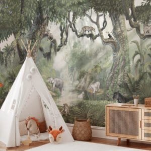 Mural infantil de una selva con gatos salvajes en tono verde - Alchemyst